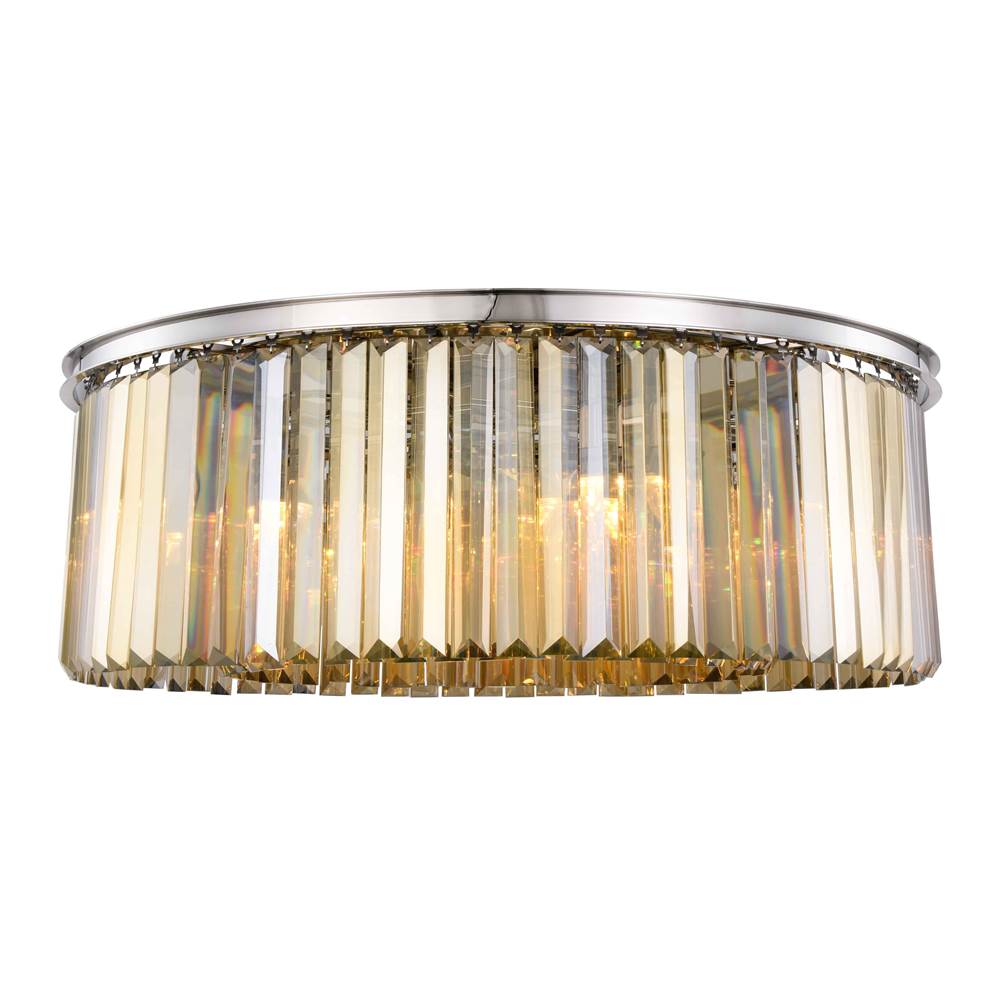 Elegant Lighting Sydney 10 Light Polished Nickel Flush Mount Golden Teak (Smoky) Royal Cut Crystal