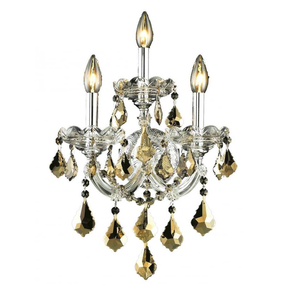 Elegant Lighting Maria Theresa 3 Light Chrome Wall Sconce Golden Teak (Smoky) Royal Cut Crystal