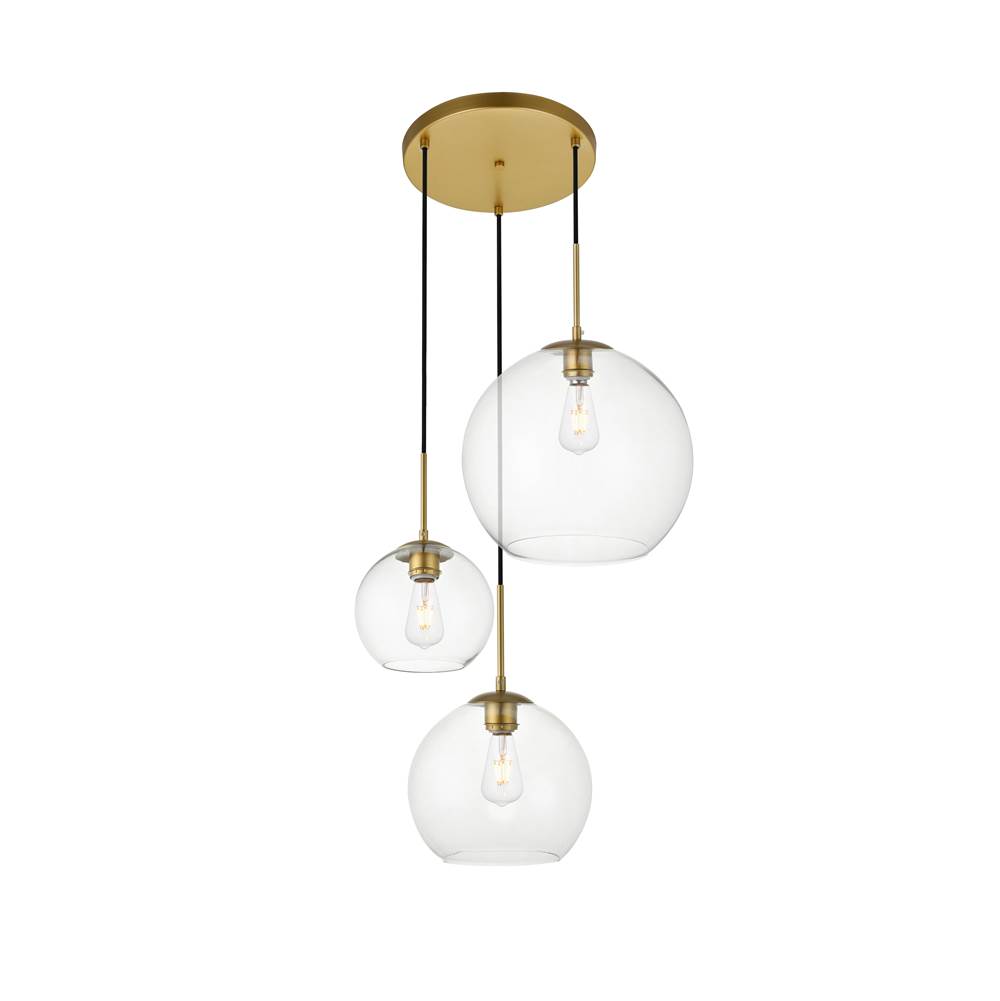 Elegant Lighting Baxter 3 Lights Brass Pendant With Clear Glass