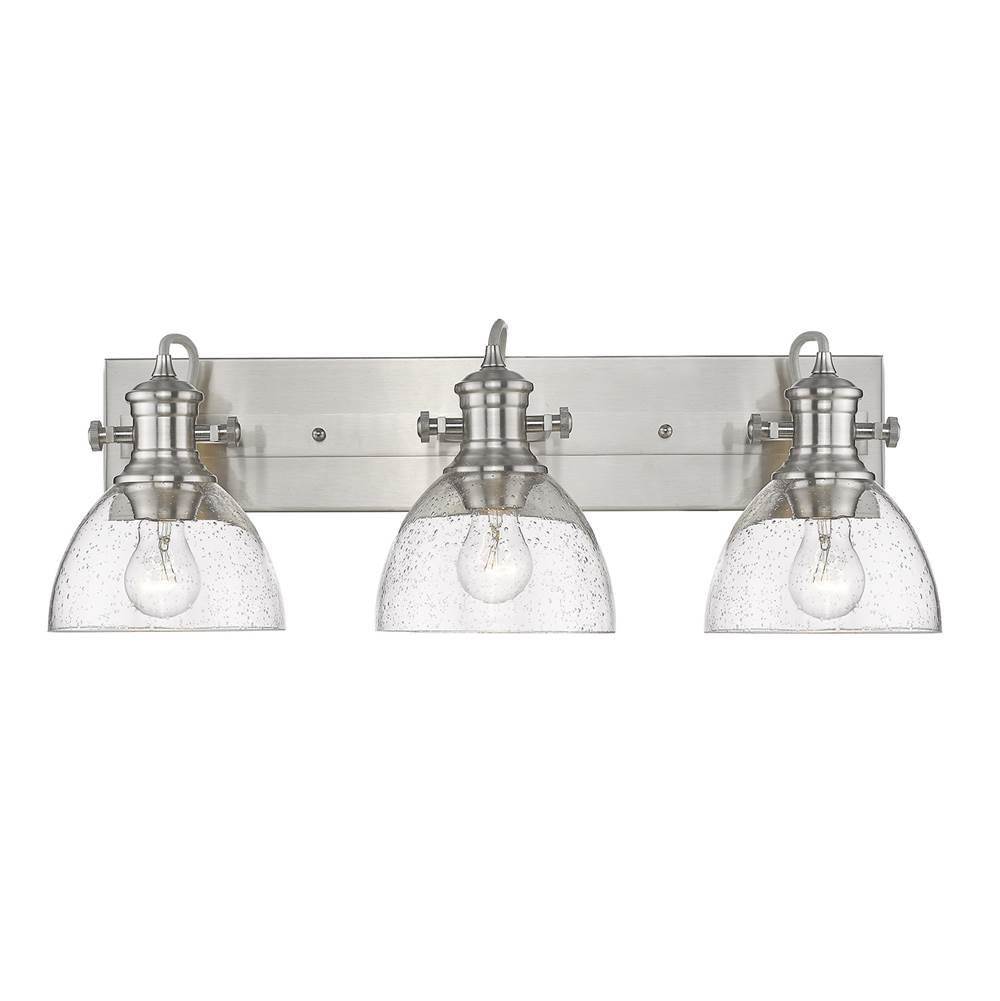 Golden Lighting Hines 3-Light Bath Vanity in Pewter with Seeded Glass