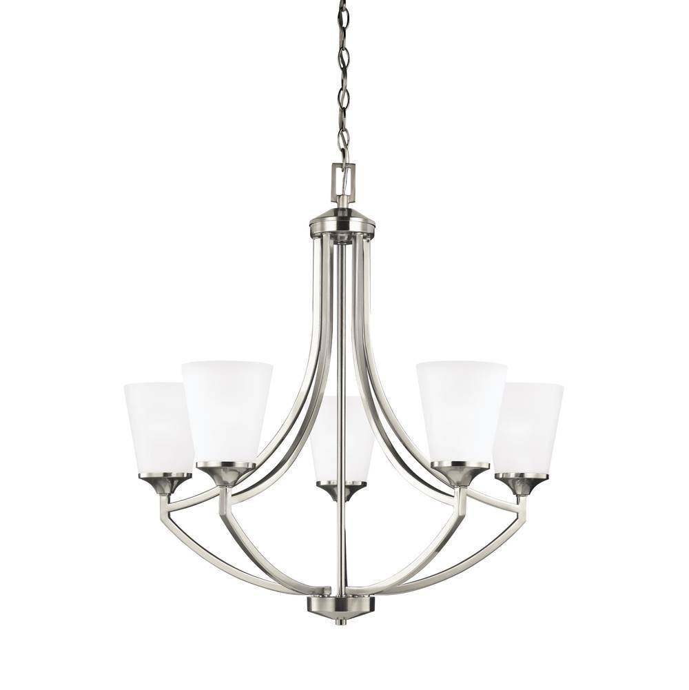 Generation Lighting Hanford Traditional 5-Light Led Indoor Dimmable Ceiling Chandelier Pendant Light In Brushed Nickel Silver Finish With Satin Etched Glass Shades