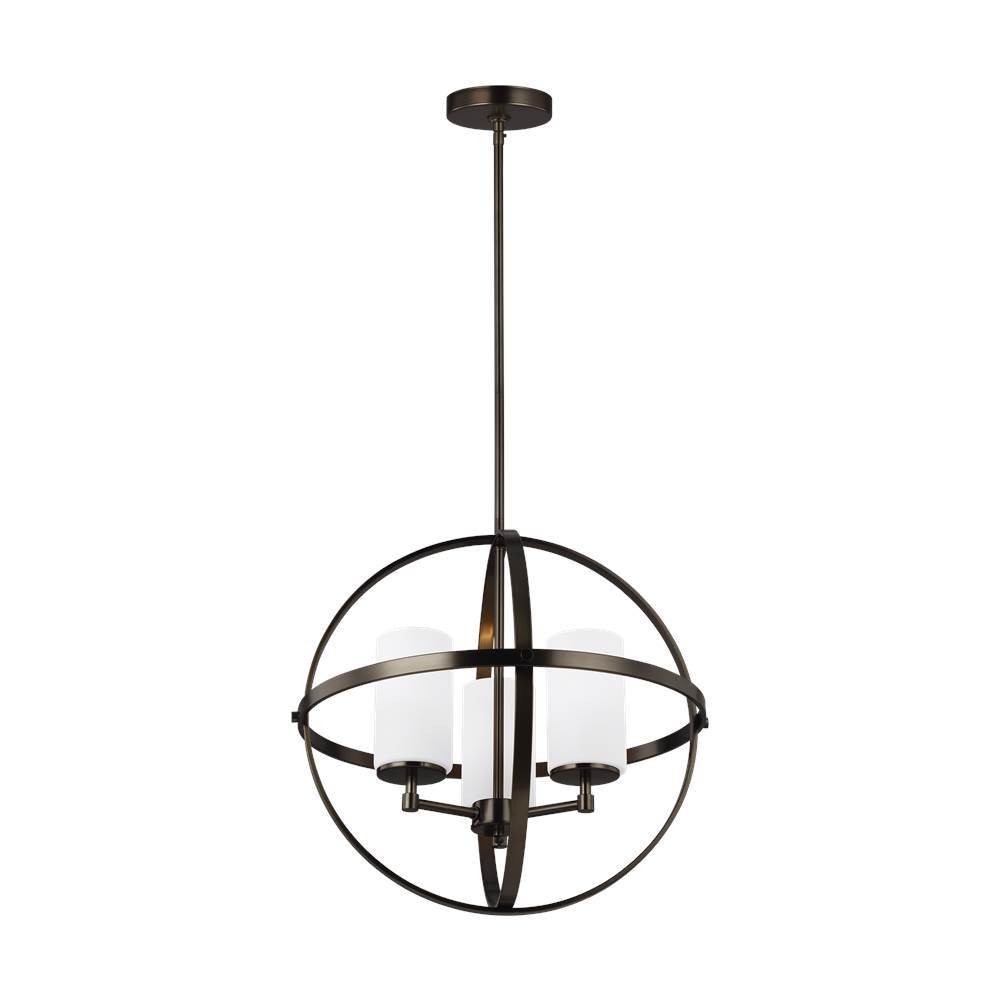 Generation Lighting Alturas Contemporary 3-Light Led Indoor Dimmable Ceiling Chandelier Pendant Light In Brushed Oil Rubbed Bronze W/Etched White Inside Glass Shades