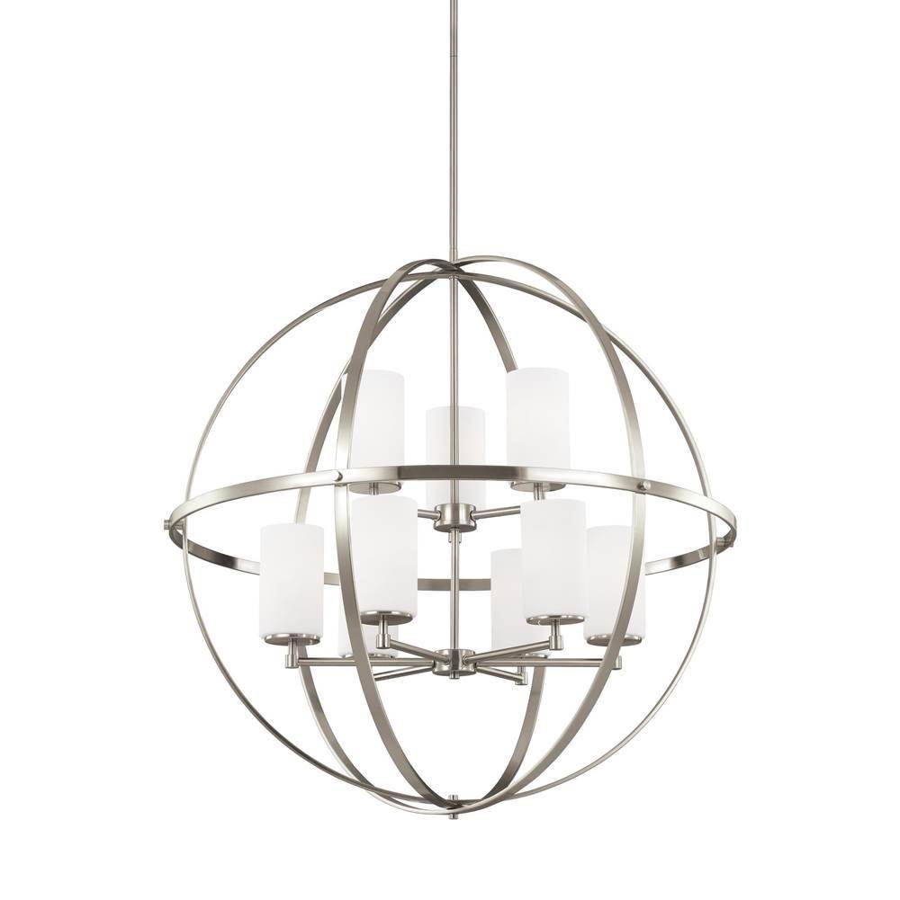 Generation Lighting Alturas Contemporary 9-Light Indoor Dimmable Ceiling Chandelier Pendant Light In Brushed Nickel Silver Finish W/Etched White Inside Glass Shades