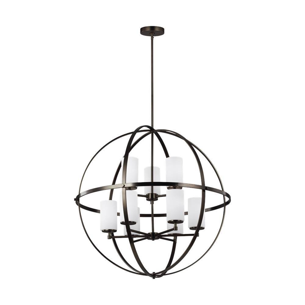 Generation Lighting Alturas Contemporary 9-Light Led Indoor Dimmable Ceiling Chandelier Pendant Light In Brushed Oil Rubbed Bronze W/Etched White Inside Glass Shades