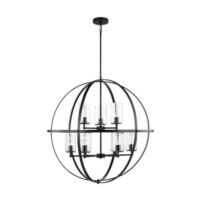 Generation Lighting Alturas Indoor Dimmable 9-Light Multi-Tier Chandelier In Brushed Nickel Finish W/Spherical Steel Frame And Cylindrical Clear Seeded Glass Shades