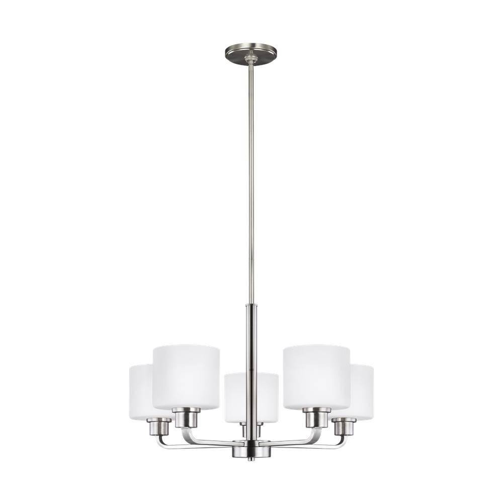 Generation Lighting Canfield Modern 5-Light Indoor Dimmable Ceiling Chandelier Pendant Light In Brushed Nickel Silver Finish With Etched White Inside Glass Shades