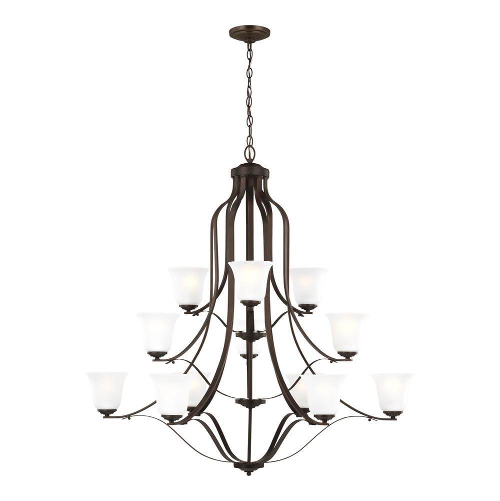 Generation Lighting Emmons Traditional 12-Light Indoor Dimmable Ceiling Chandelier Pendant Light In Bronze Finish With Satin Etched Glass Shades