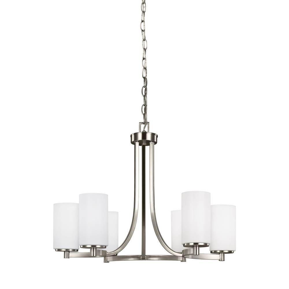 Generation Lighting Hettinger Transitional 6-Light Led Indoor Dimmable Ceiling Chandelier Pendant Light In Brushed Nickel Silver Finish W/Etched White Inside Glass Shades