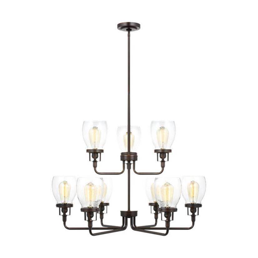 Generation Lighting Belton Transitional 9-Light Indoor Dimmable Ceiling Chandelier Pendant Light In Bronze Finish With Clear Seeded Glass Shades