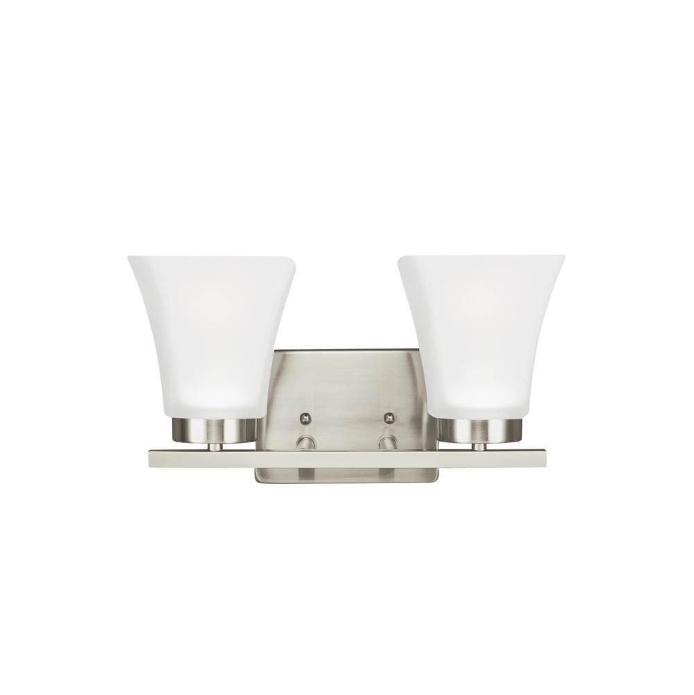 Generation Lighting Bayfield Contemporary 2-Light Led Indoor Dimmable Bath Vanity Wall Sconce In Brushed Nickel Silver Finish With Satin Etched Glass Shades