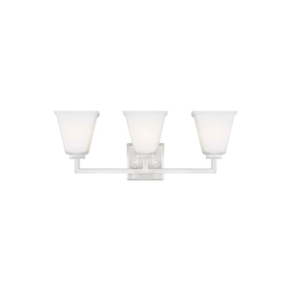 Generation Lighting Ellis Harper Transitional 3-Light Indoor Dimmable Bath Vanity Wall Sconce In Brushed Nickel Silver Finish With Etched White Inside Glass Shades