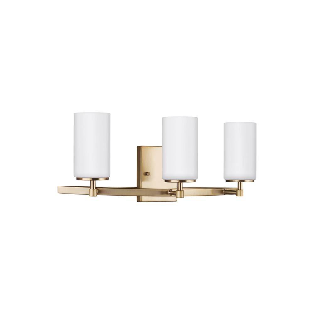 Generation Lighting Alturas Contemporary 3-Light Indoor Dimmable Bath Vanity Wall Sconce In Satin Brass Gold Finish With Etched White Inside Glass Shades
