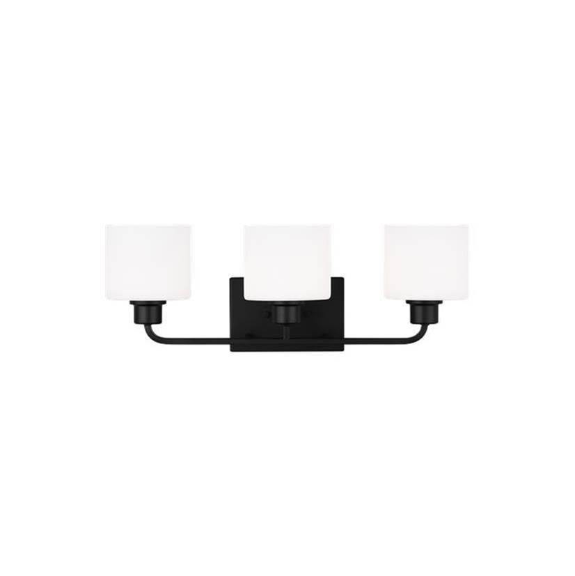 Generation Lighting Canfield Indoor Dimmable 3-Light Wall Bath Sconce In A Midnight Black Finish And Etched White Glass Shade