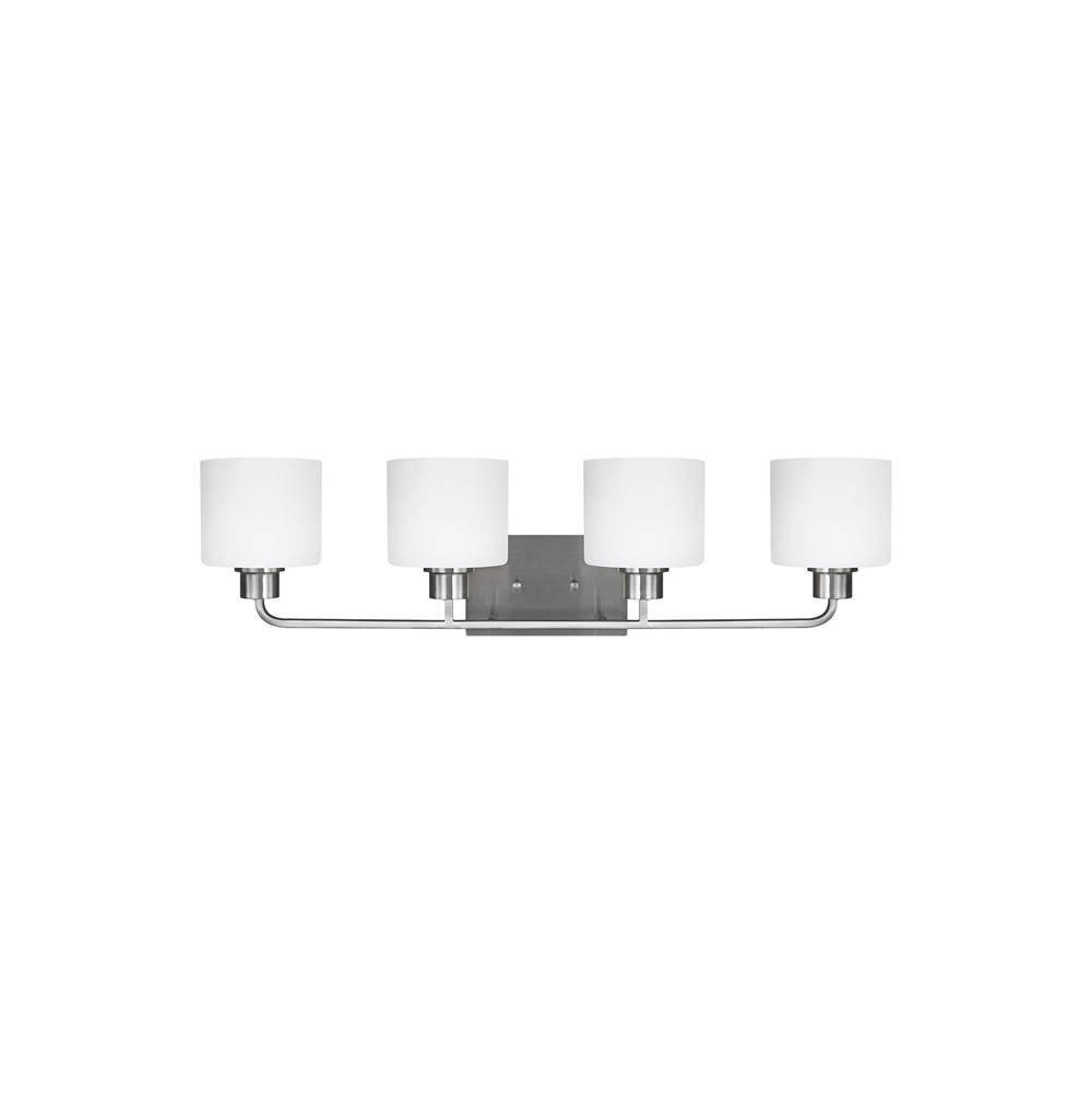 Generation Lighting Canfield Modern 4-Light Led Indoor Dimmable Bath Vanity Wall Sconce In Brushed Nickel Silver Finish With Etched White Inside Glass Shades