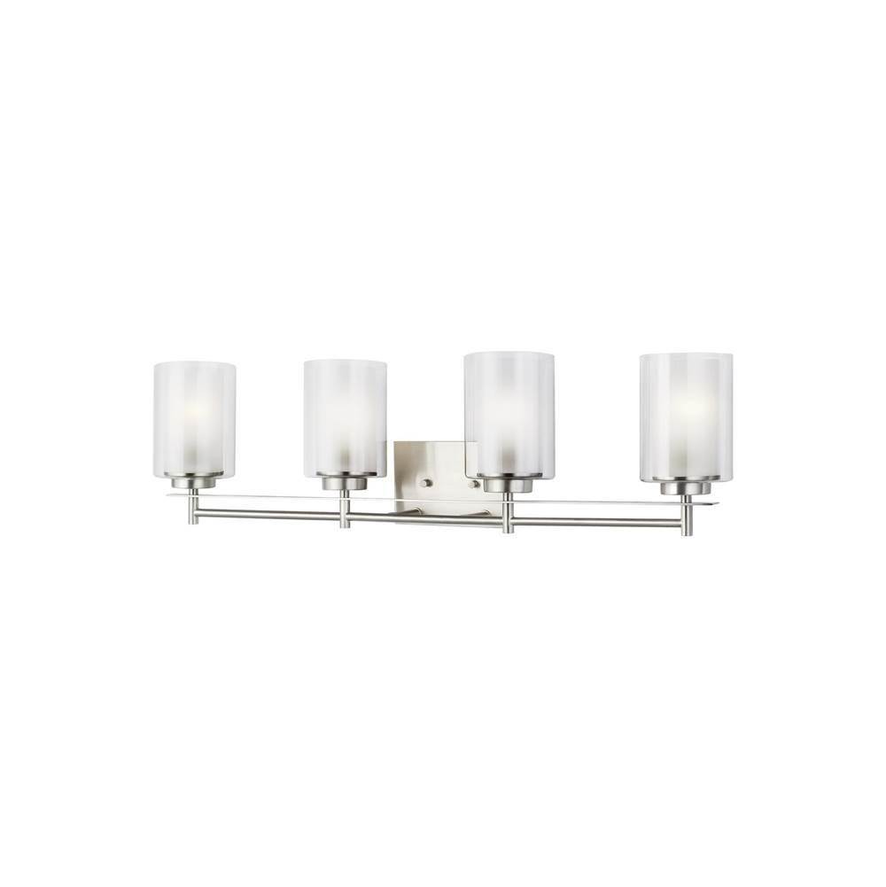 Generation Lighting Elmwood Park Traditional 4-Light Indoor Dimmable Bath Vanity Wall Sconce In Brushed Nickel Silver W/Satin Etched Glass Shades And Clear Glass Shades