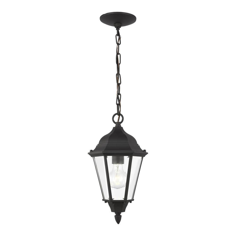 Generation Lighting Bakersville Traditional 1-Light Outdoor Exterior Pendant In Black Finish With Clear Beveled Glass Panels