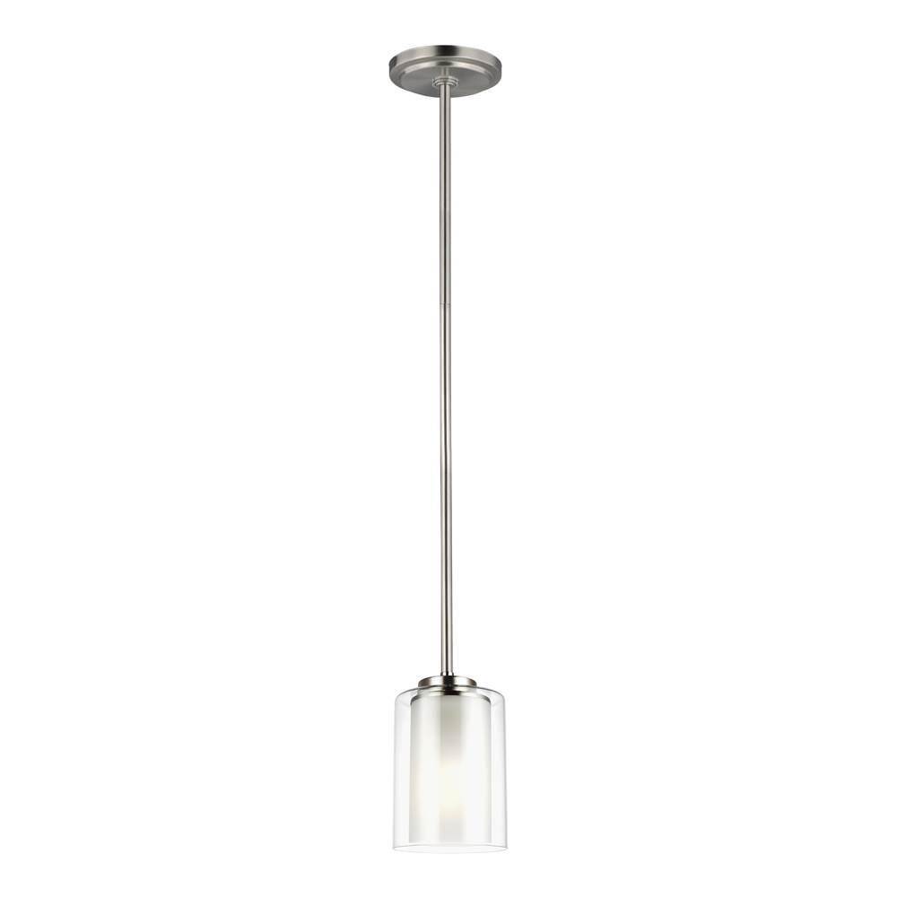 Generation Lighting Elmwood Park Traditional 1-Light Indoor Ceiling Hanging Single Pendant Light In Brushed Nickel Silver W/Satin Etched Glass Shade And Clear Glass Shade