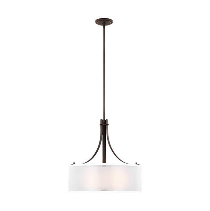 Generation Lighting Elmwood Park 3-Light Led Ceiling Pendant Hanging Chandelier Pendant Light In Bronze W/Satin Etched Glass Shade And Off White Organza Silk Shade