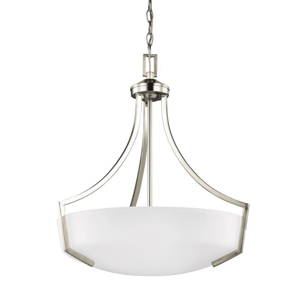 Generation Lighting Hanford Traditional 3-Light Indoor Dimmable Ceiling Pendant Hanging Chandelier Pendant Light In Brushed Nickel Silver W/Satin Etched Glass Shade