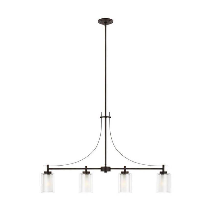 Generation Lighting Elmwood Park Traditional 4-Light Indoor Dimmable Linear Ceiling Chandelier Pendant Light In Bronze W/Satin Etched Glass Shades And Clear Glass Shades