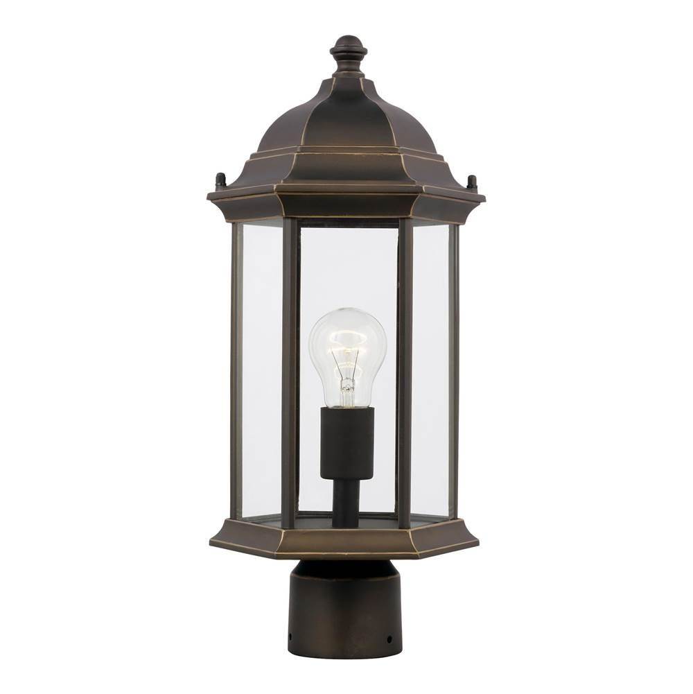 Generation Lighting Sevier Traditional 1-Light Led Outdoor Exterior Medium Post Lantern In Antique Bronze Finish With Satin Etched Glass Panels