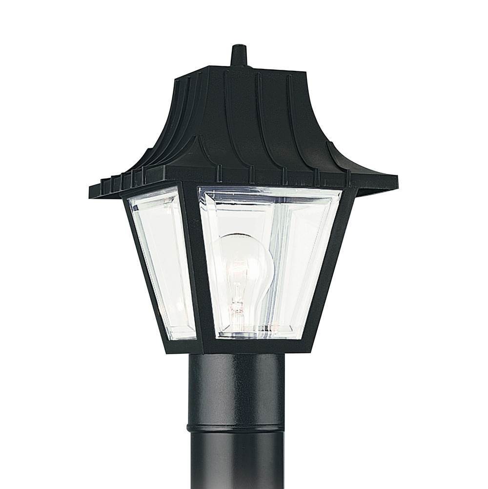 Generation Lighting Polycarbonate Outdoor Traditional 1-Light Outdoor Exterior Large Post Lantern In Black Finish With Clear Beveled Acrylic Panels