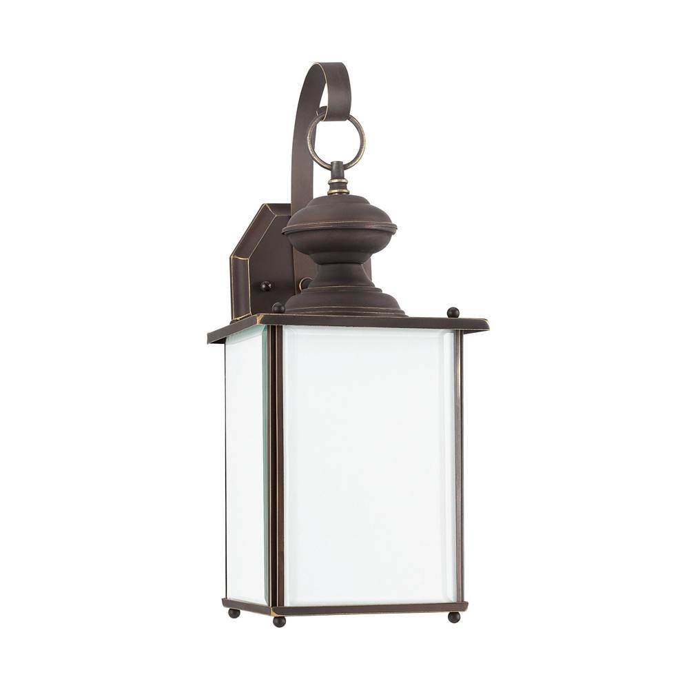 Generation Lighting Jamestowne Transitional 1-Light Large Outdoor Exterior Dark Sky Compliant Wall Lantern Sconce In Antique Bronze W/Etched White Tiffany Glass Panels