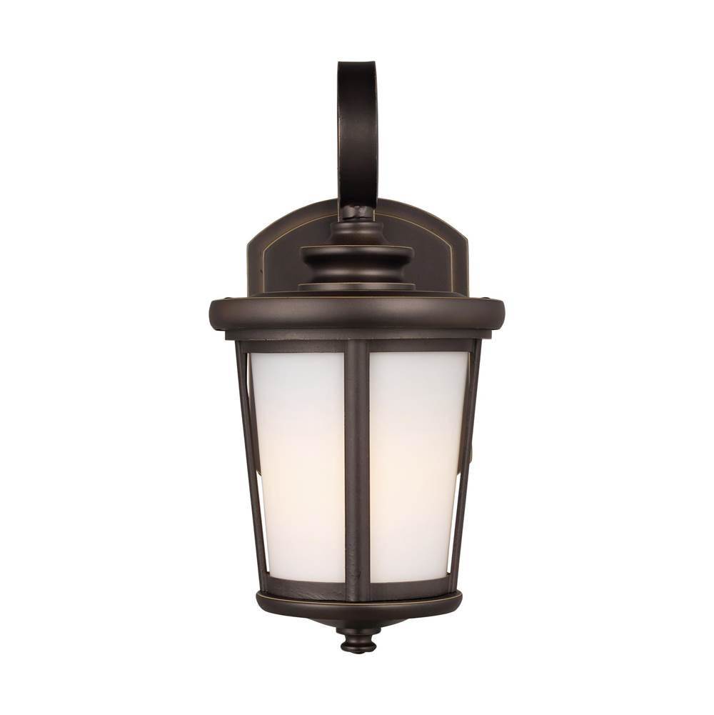 Generation Lighting Eddington Modern 1-Light Outdoor Exterior Small Wall Lantern Sconce In Antique Bronze Finish With Cased Opal Etched Glass Panel