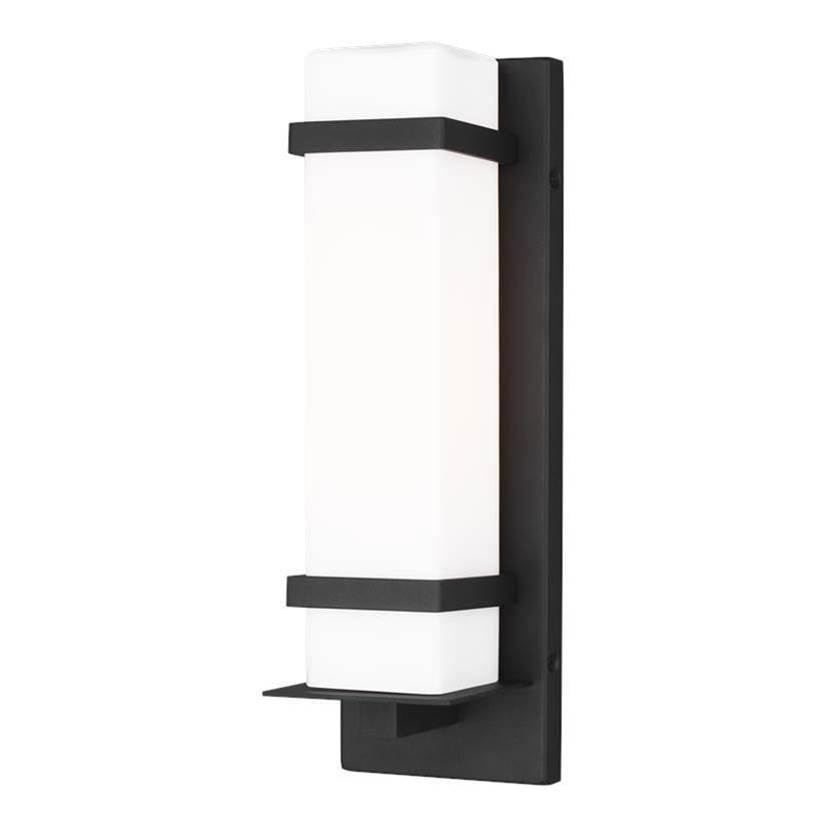 Generation Lighting Alban Modern 1-Light Outdoor Exterior Small Wall Lantern In Black Finish With Etched Opal Glass Shade