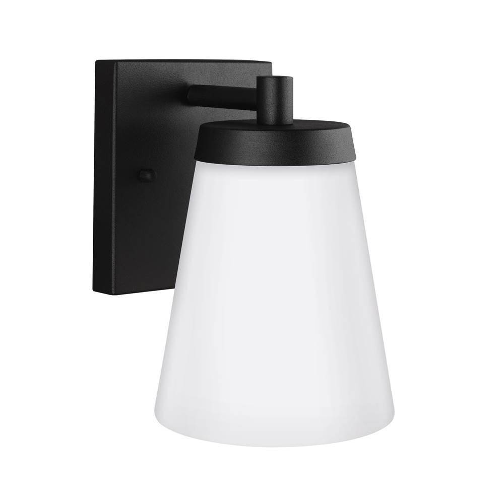 Generation Lighting Renville Transitional 1-Light Led Outdoor Exterior Small Wall Lantern Sconce In Black Finish With Satin Etched Glass Shade