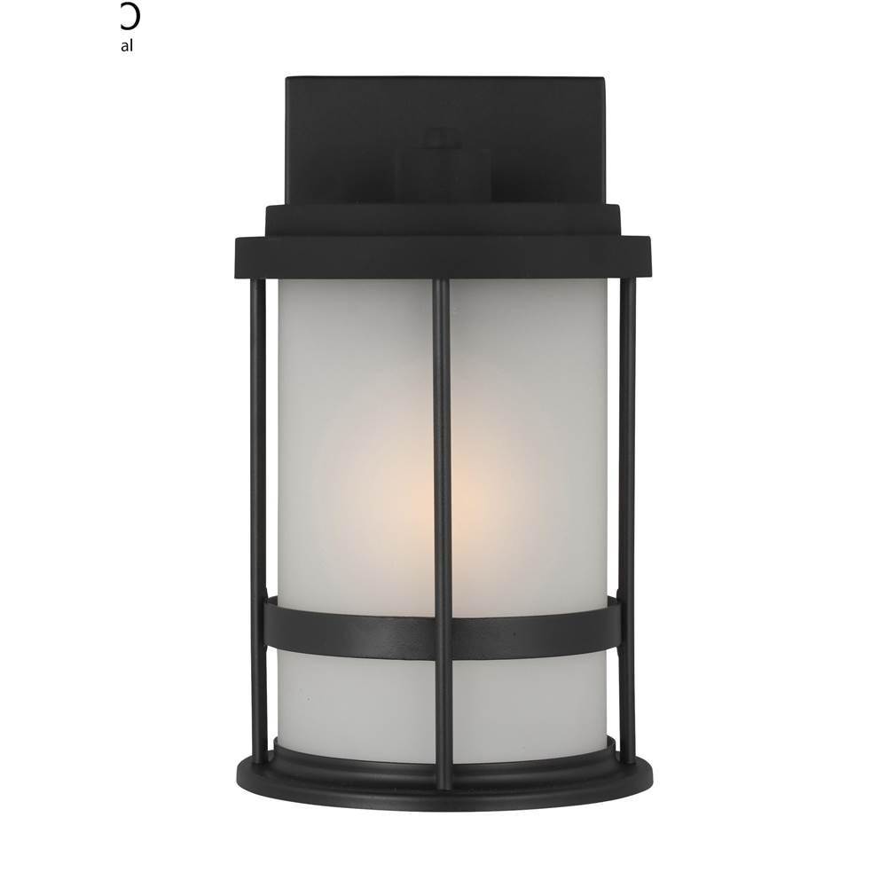 Generation Lighting Wilburn Modern 1-Light Led Outdoor Exterior Small Wall Lantern Sconce In Black Finish With Satin Etched Glass Shade