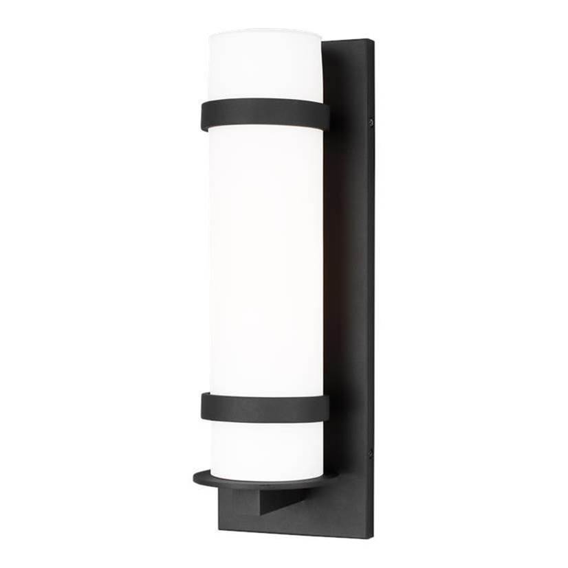 Generation Lighting Alban Modern 1-Light Led Outdoor Exterior Medium Round Wall Lantern Sconce In Black Finish With Etched Opal Glass Shade
