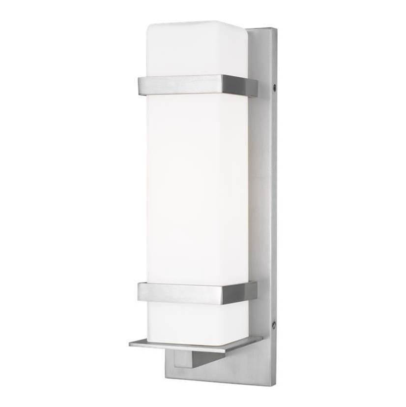 Generation Lighting Alban Modern 1-Light Outdoor Exterior Medium Square Wall Lantern In Satin Aluminum Silver Finish With Etched Opal Glass Shade