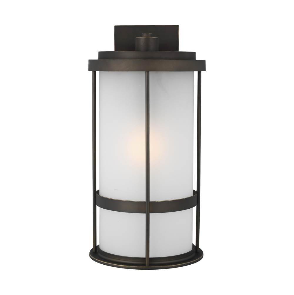 Generation Lighting Wilburn Modern 1-Light Led Outdoor Exterior Large Wall Lantern Sconce In Antique Bronze Finish With Satin Etched Glass Shade