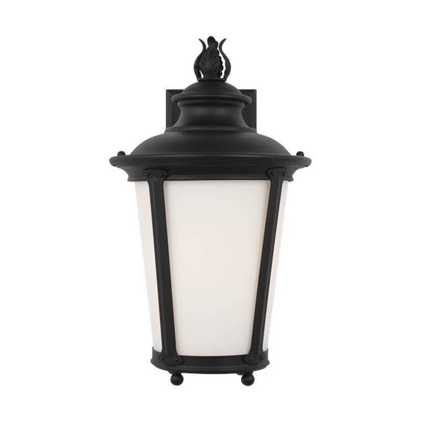 Generation Lighting Cape May Traditional 1-Light Led Outdoor Exterior Medium Wall Lantern Sconce In Black Finish With Etched White Glass Shade
