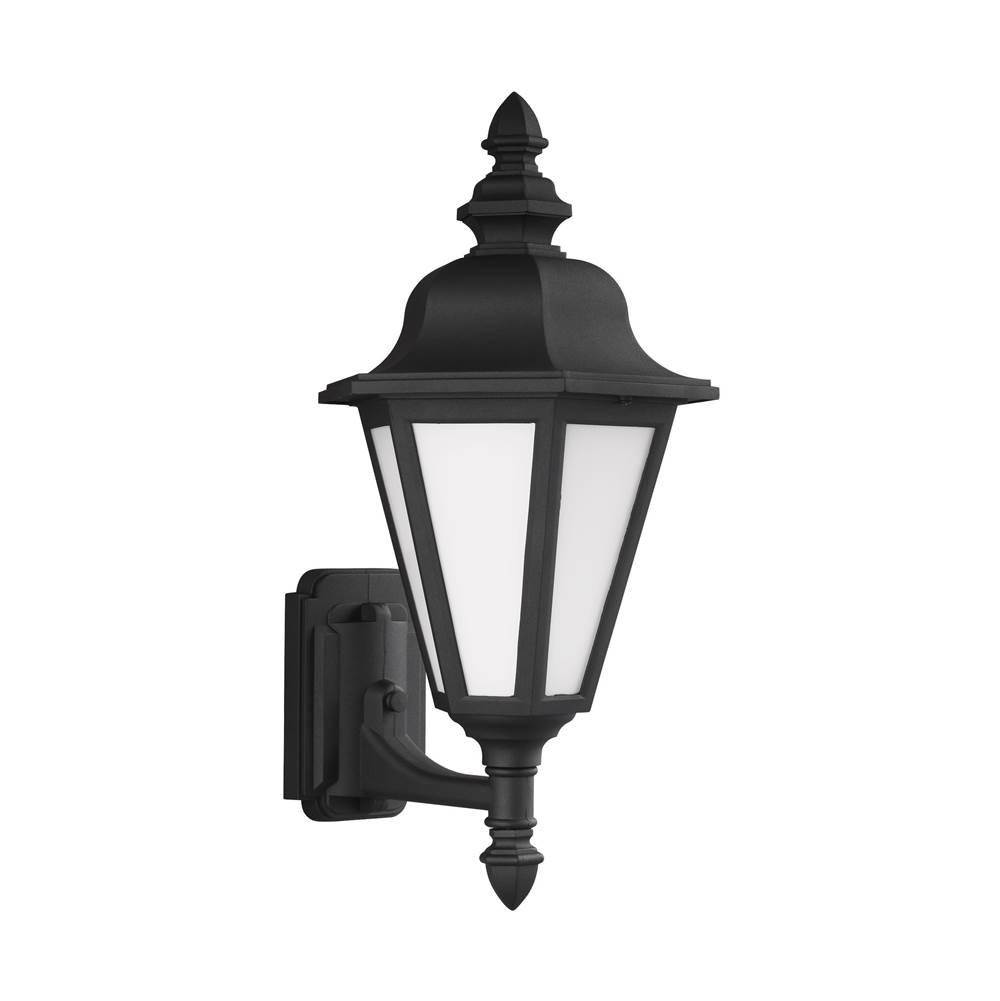 Generation Lighting Brentwood Traditional 1-Light Outdoor Exterior Medium Uplight Wall Lantern Sconce In Black Finish With Smooth White Glass Panels