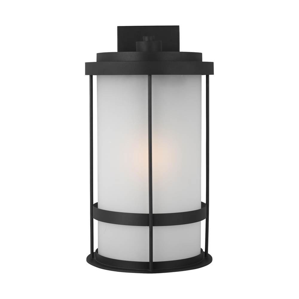 Generation Lighting Wilburn Modern 1-Light Led Outdoor Exterior Extra Large Wall Lantern Sconce In Black Finish With Satin Etched Glass Shade