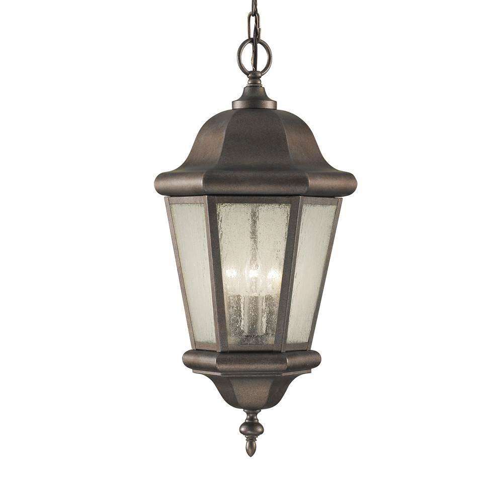 Generation Lighting Martinsville Traditional 3-Light Outdoor Exterior Pendant Lantern In Corinthian Bronze Finish With Clear Seeded Glass Shades