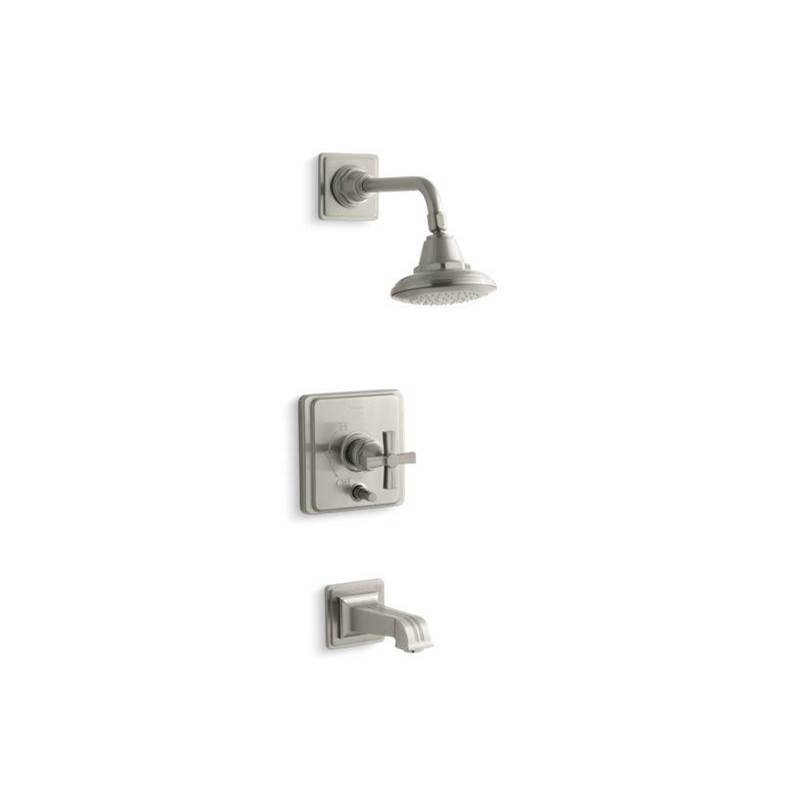 Kohler Pinstripe® Rite-Temp® pressure-balancing bath and shower faucet trim with cross handle, valve not included