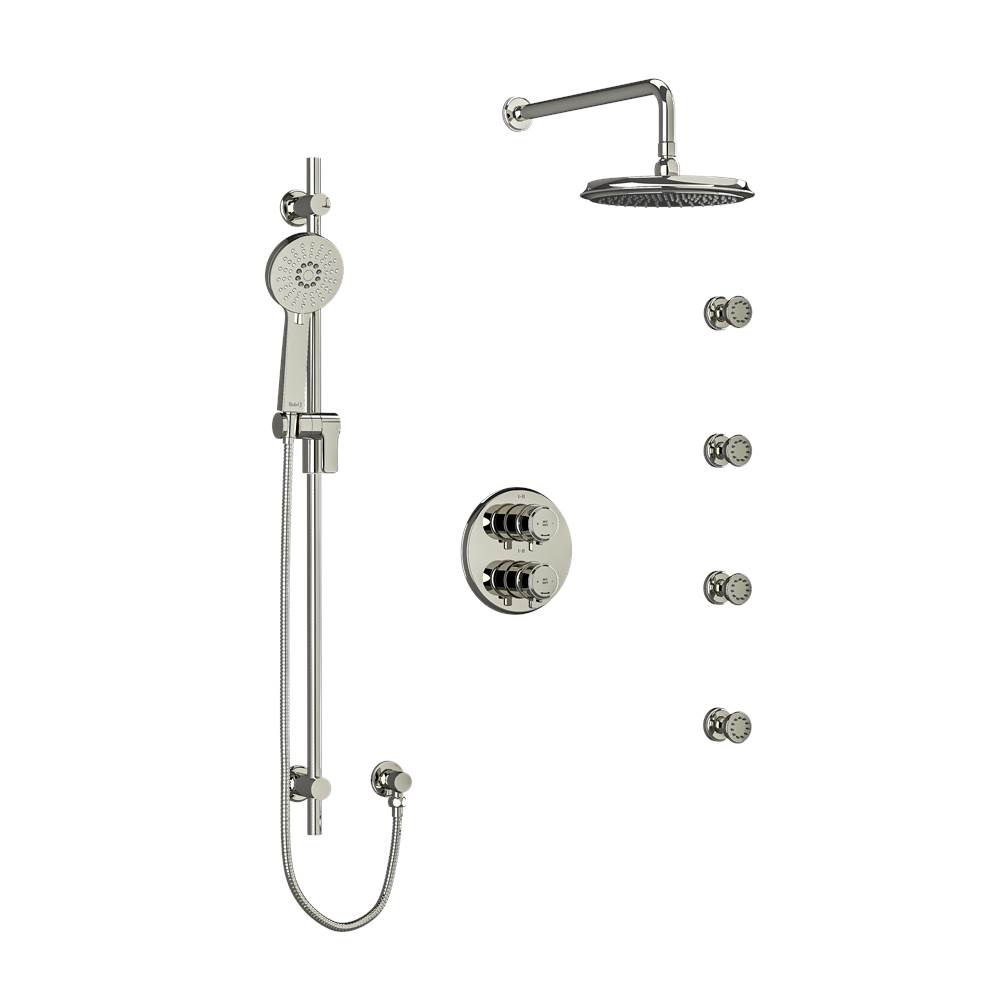 Riobel Type T/P (thermostatic/pressure balance) double coaxial system with hand shower rail, 4 body jets and shower head