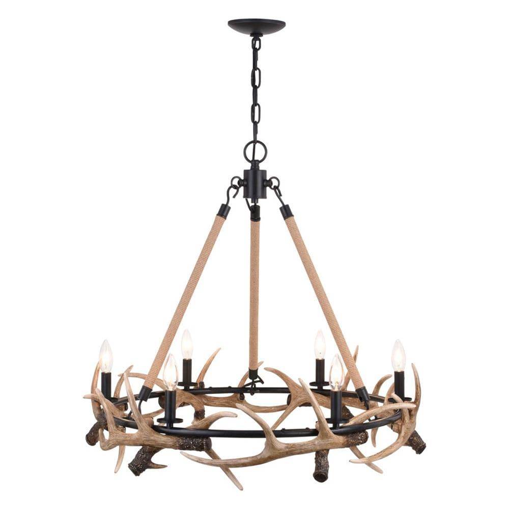 Vaxcel Breckenridge 31-in. 6 Light Antler Chandelier Aged Iron with Natural Rope
