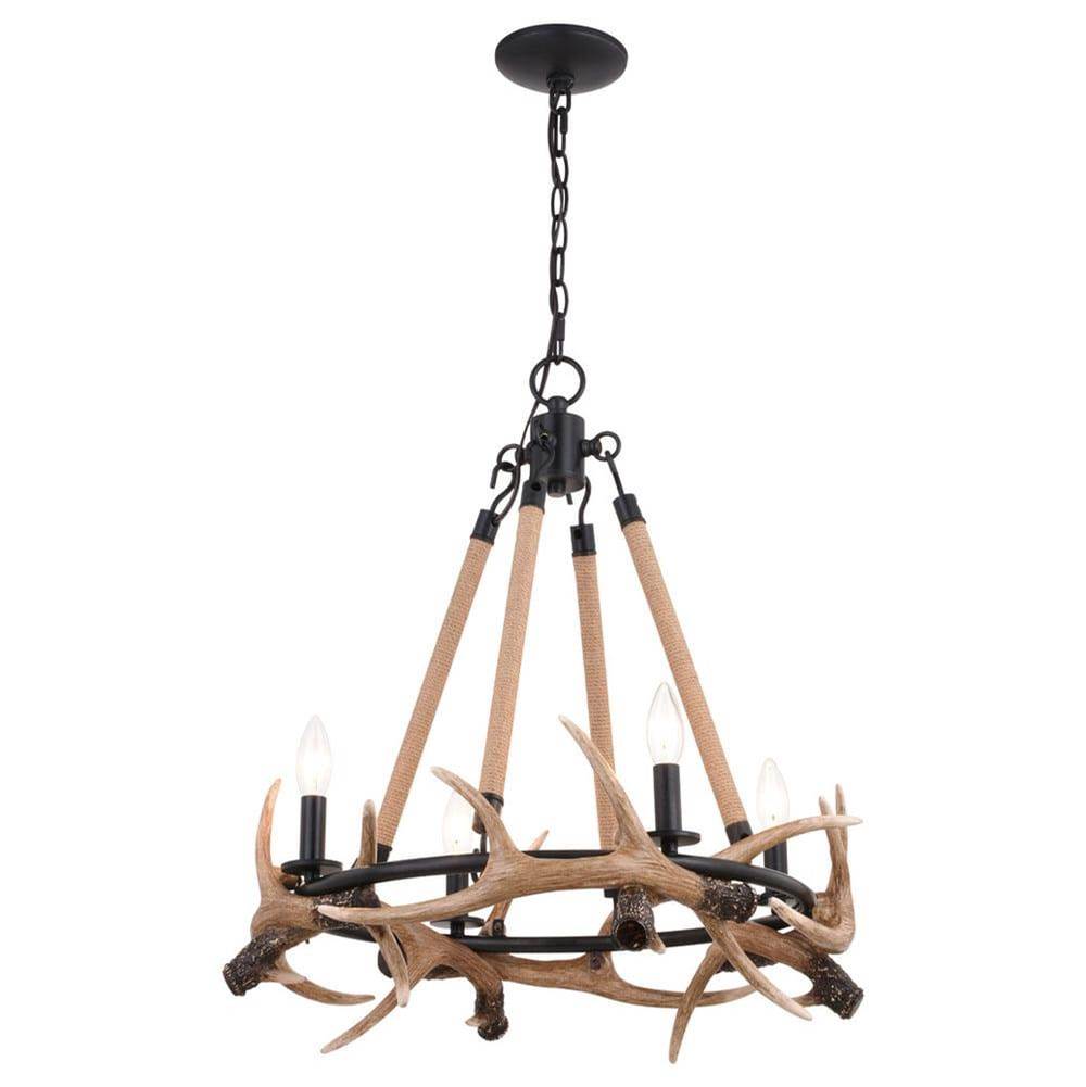 Vaxcel Breckenridge 24.5-in. 4 Light Antler Chandelier Aged Iron with Natural Rope