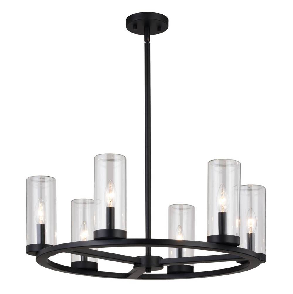 Vaxcel Grantley 6 Light Matte Black Wheel Chandelier Fixture Clear Glass Shade, LED Compatible, Damp Rated