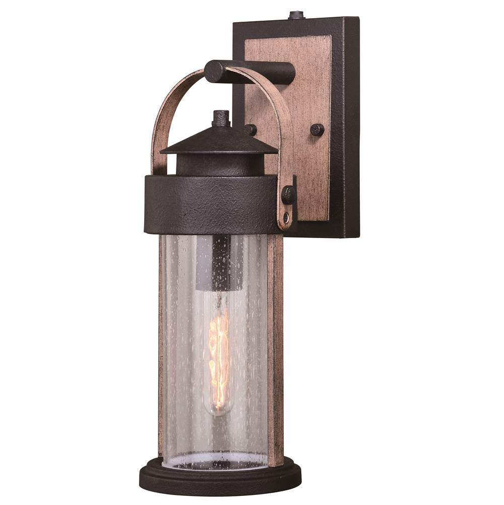 Vaxcel Cumberland 1 Light Dusk to Dawn Brown Wood Rustic Outdoor Wall Lantern Clear Glass