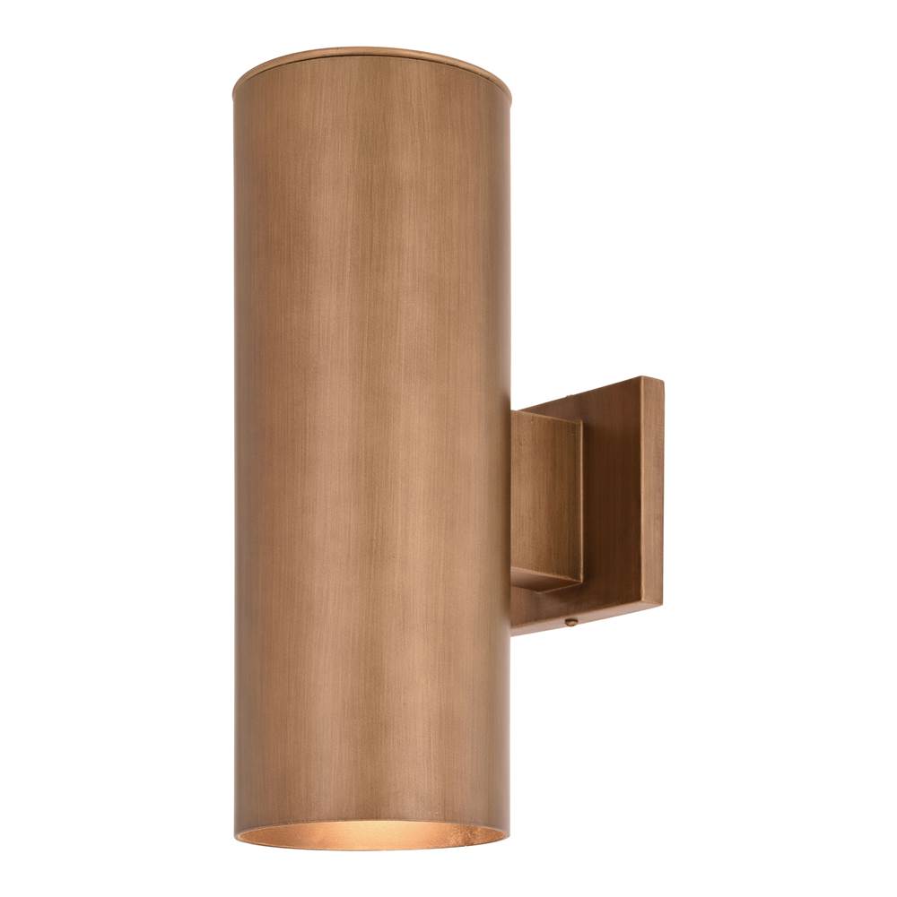 Vaxcel Chiasso 14.25-in H Warm Brass Outdoor Mid Century Modern 2 Light Outdoor Cylinder Wall Sconce, Up-Down Lighting