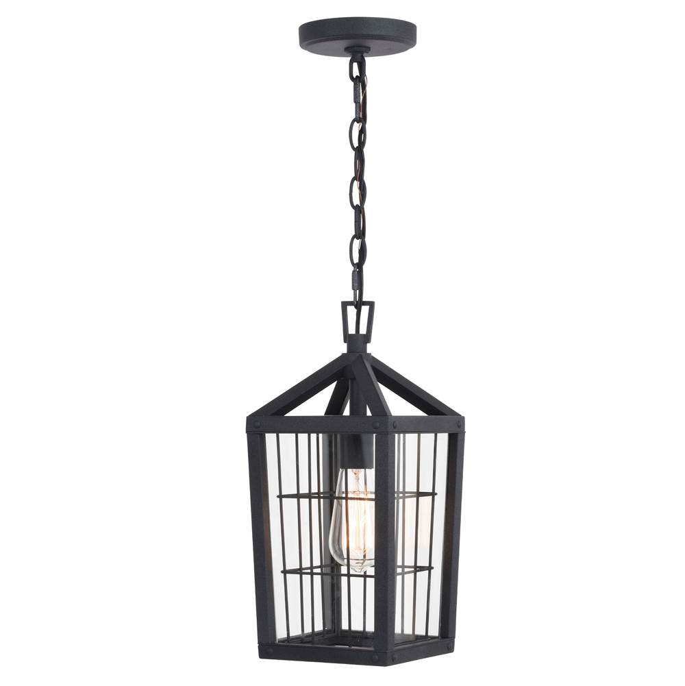 Vaxcel Gage 7-in Black Outdoor Farmhouse Wire Cage Pendant, 1-Light Hanging Ceiling Light with Clear Glass Panels