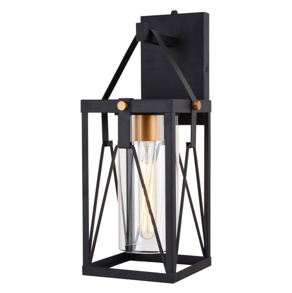 Vaxcel Evanston 1 Light Black and Gold Dusk to Dawn Outdoor Wall Lantern Clear Glass