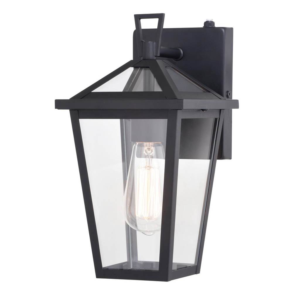 Vaxcel Derby 6-in W 1 Light Dusk to Dawn Matte Black Outdoor Wall Lantern Clear Glass Shade, LED Compatible