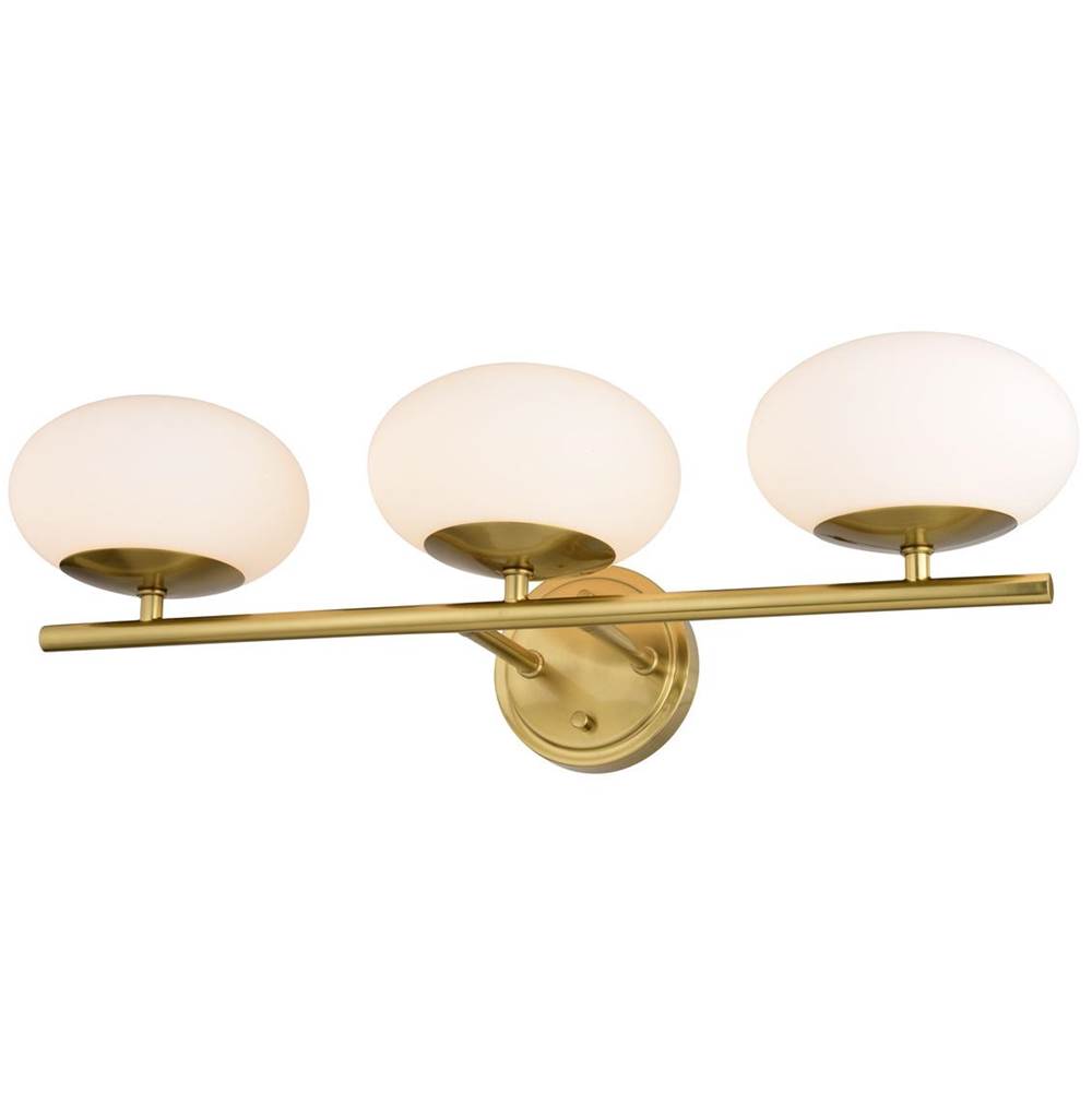 Vaxcel Sloane 3 Light LED Gold Satin Brass Mid-Century Modern Bathroom Vanity Wall Fixture with White Glass Globes