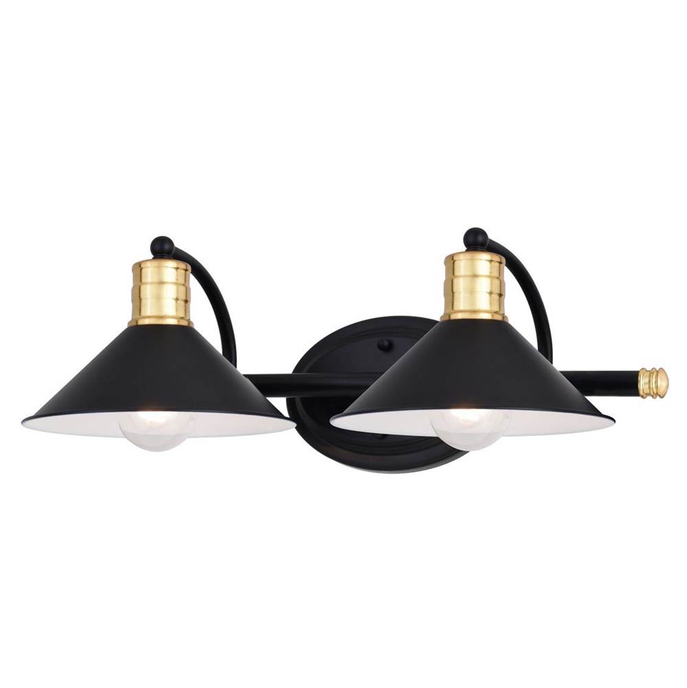 Vaxcel Akron 2 Light Matte Black with Gold Brass Accents Industrial Bathroom Vanity Wall Fixture - Metal Shades